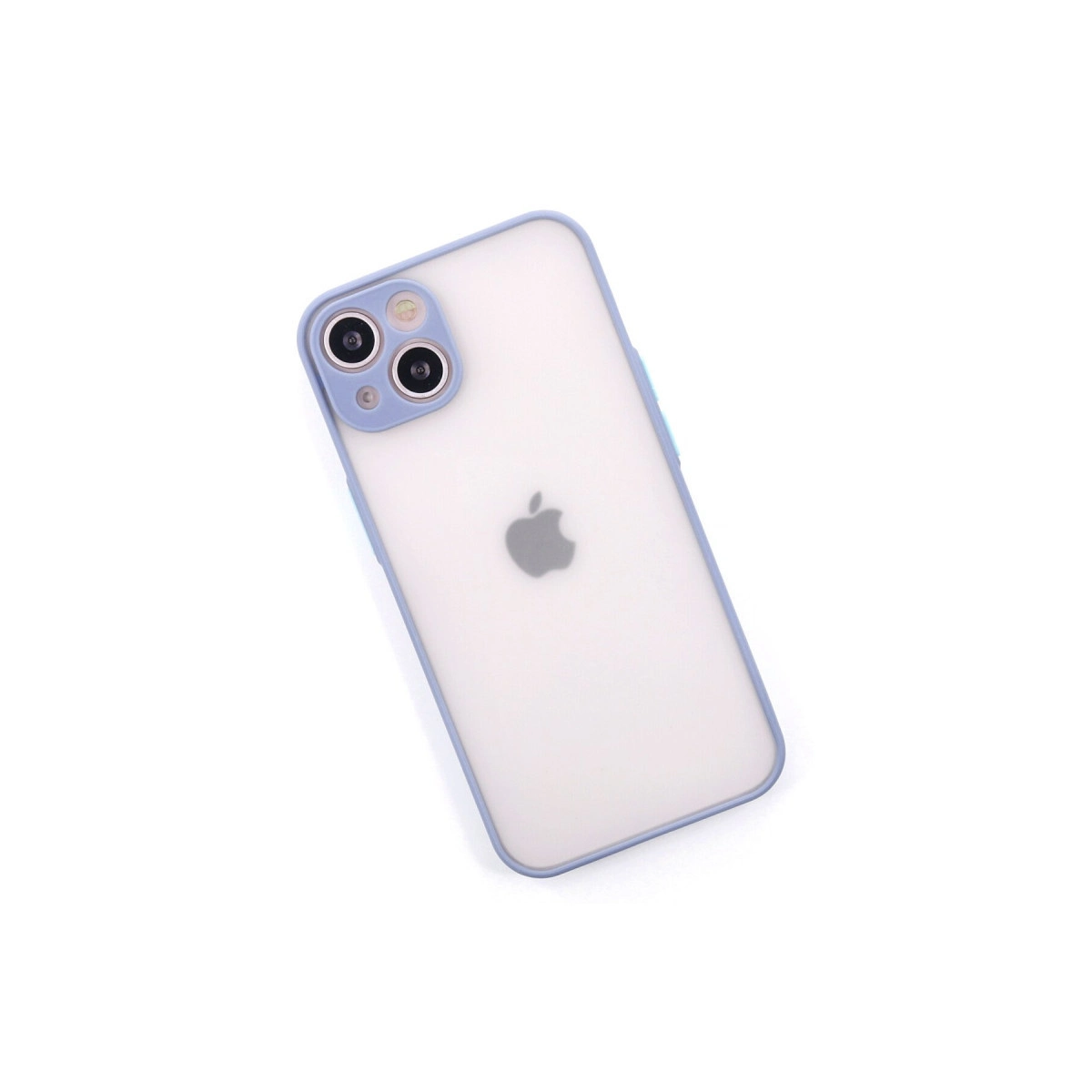 Mavi kenarlı, kameralı mat beyaz iPhone beyaz arka plan üzerinde.