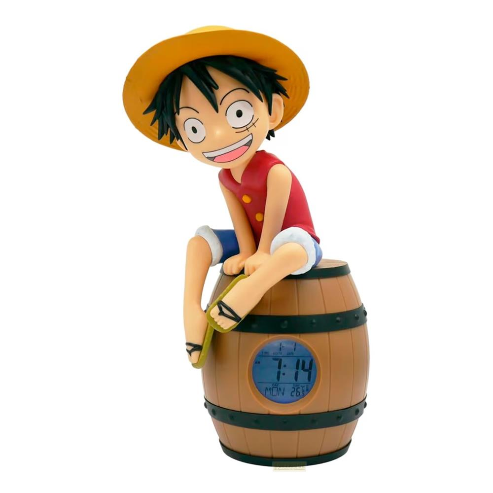 Ein Anime-Charakter sitzt auf einem Holzfass-Wecker.