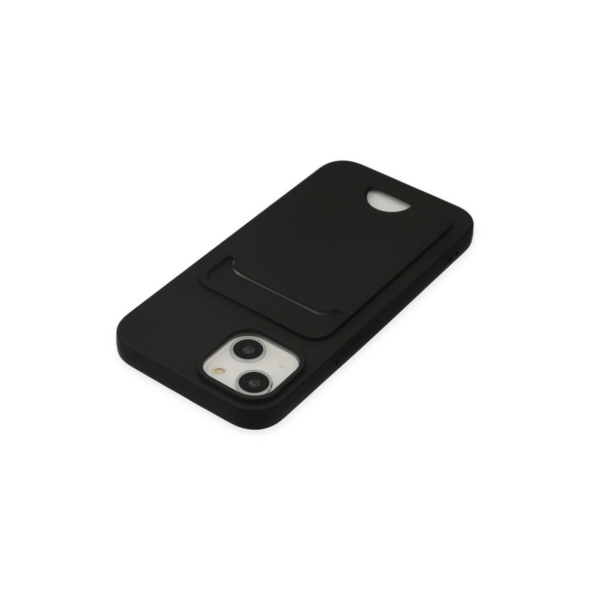 Kart yuvalı ve kamera kesimli siyah telefon kılıfı.