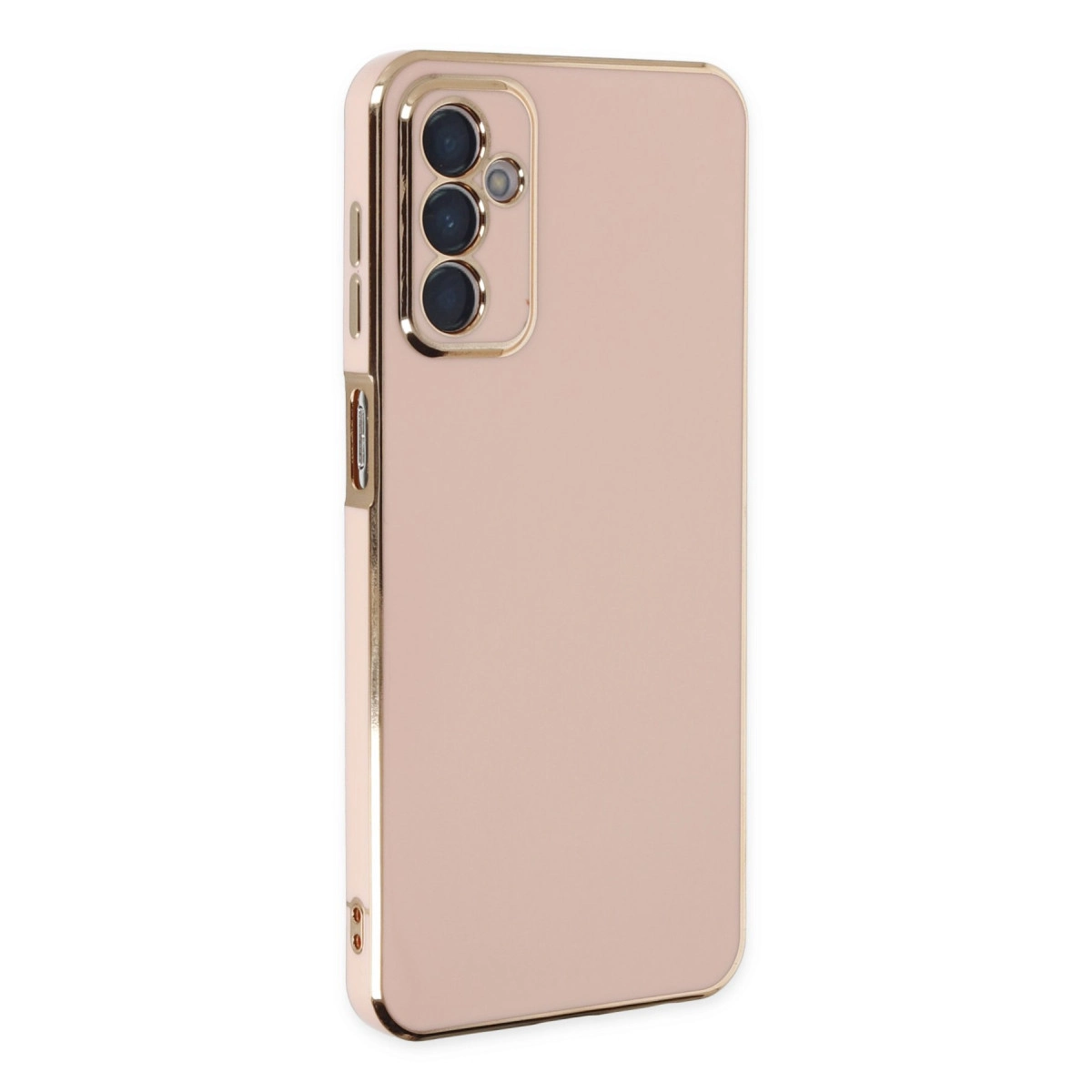 Düz yüzeyli, üçlü kamera kesimli, rose gold renkli telefon kılıfı.