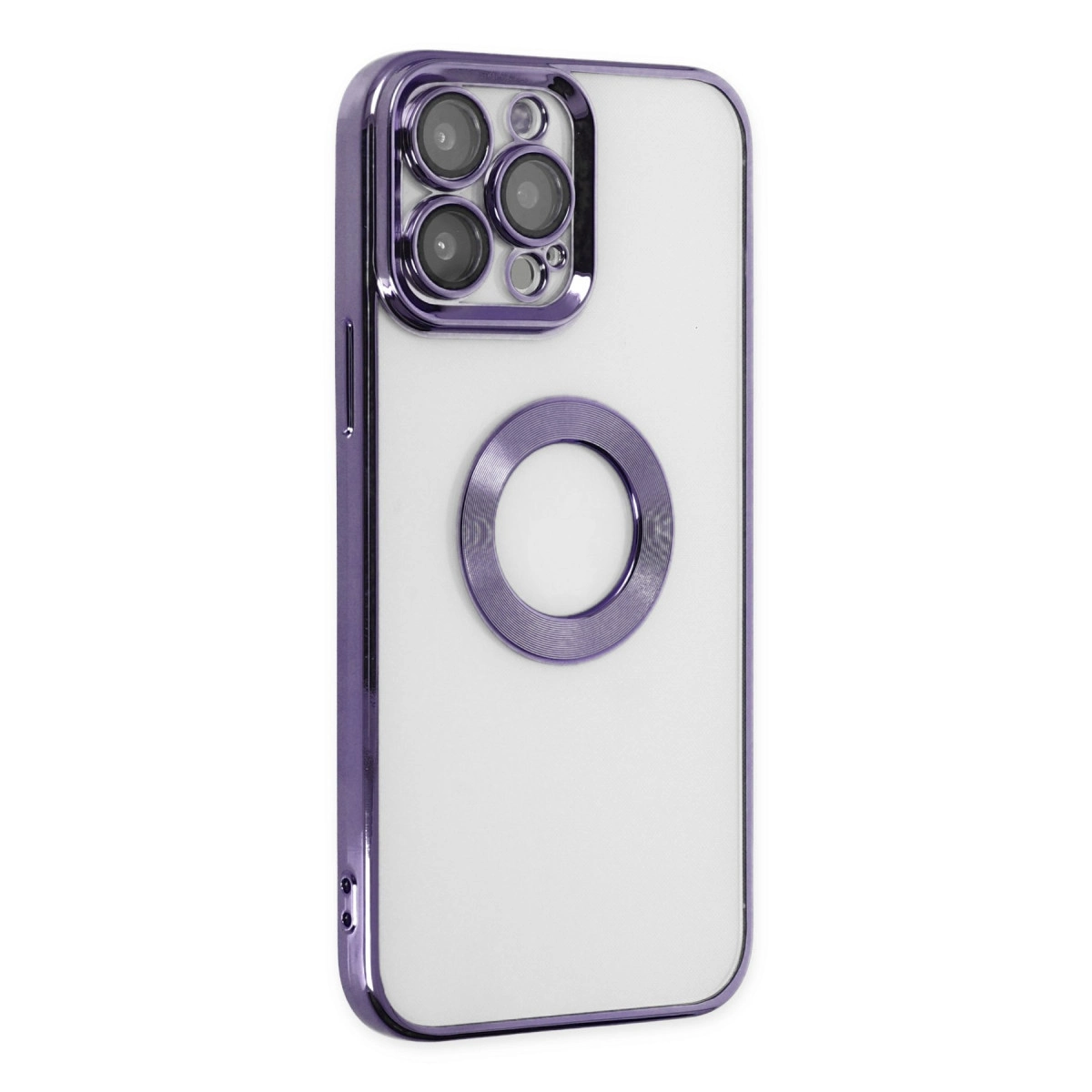 Dört kamera lensli, şeffaf arka yüzlü mor iPhone kılıfı.
