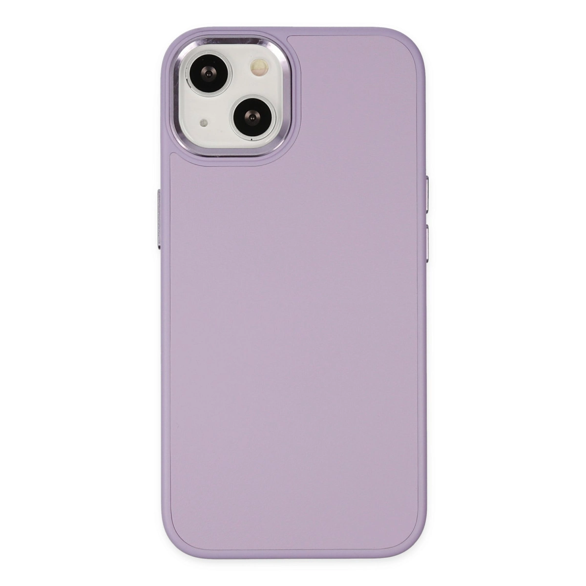 Arkada iki kamerası olan lavanta rengi iPhone kılıfı, beyaz zeminde.