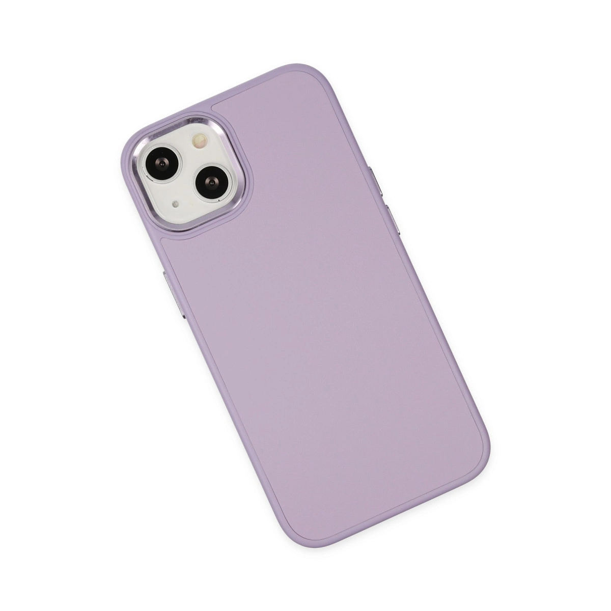Lavanta rengi iPhone kılıfı, iki kamera, beyaz arka plan üzerinde.