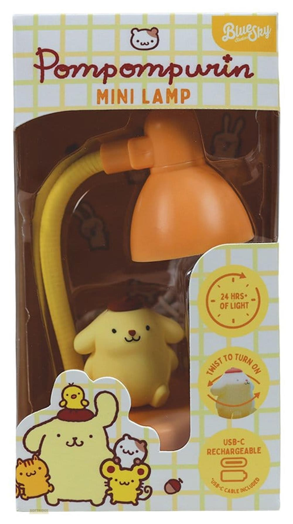 Gelbe Pompompurin Mini Lampe mit orangenem Schirm, auf Karton mit Freunden.