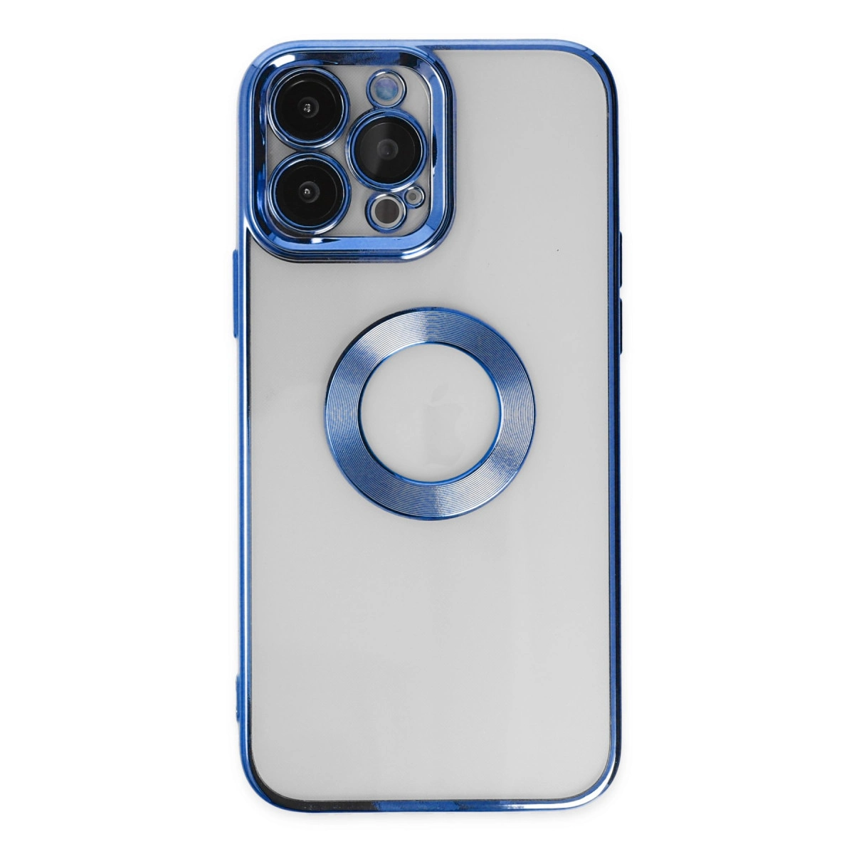 Mavi kenarlı ve kamera modüllü şeffaf iPhone kılıfının arkası.
