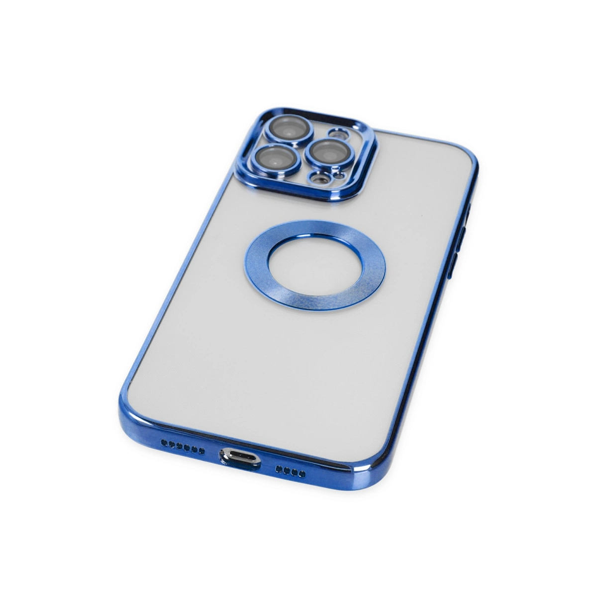Mavi metal çerçeveli ve lens kapaklı şeffaf telefon kılıfı.