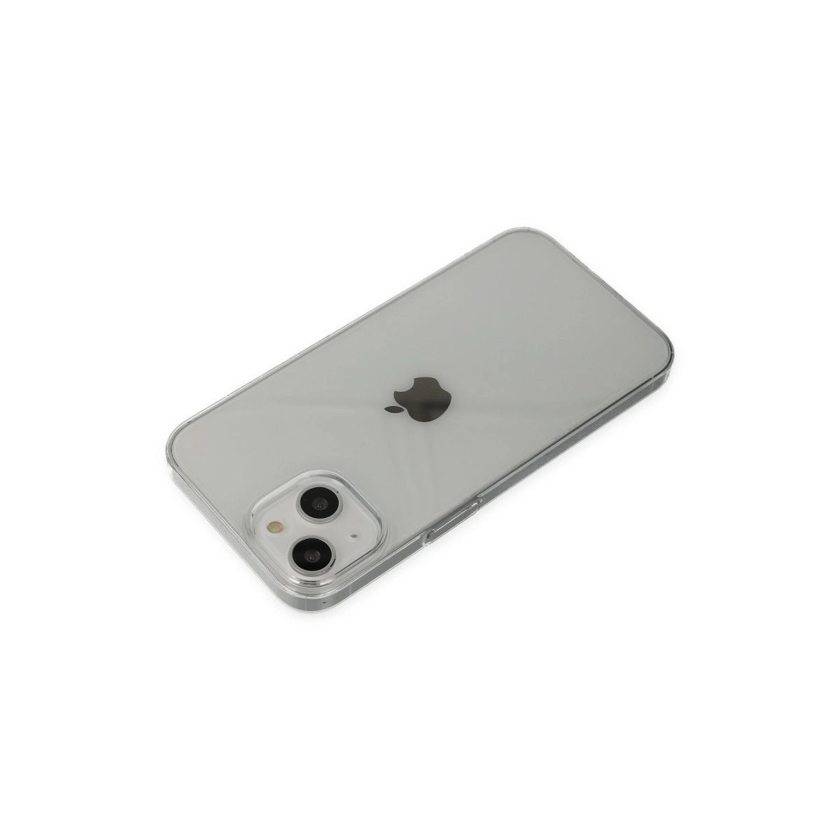 Beyaz arka plan üzerinde iki kameralı, Apple logolu şeffaf iPhone 12.