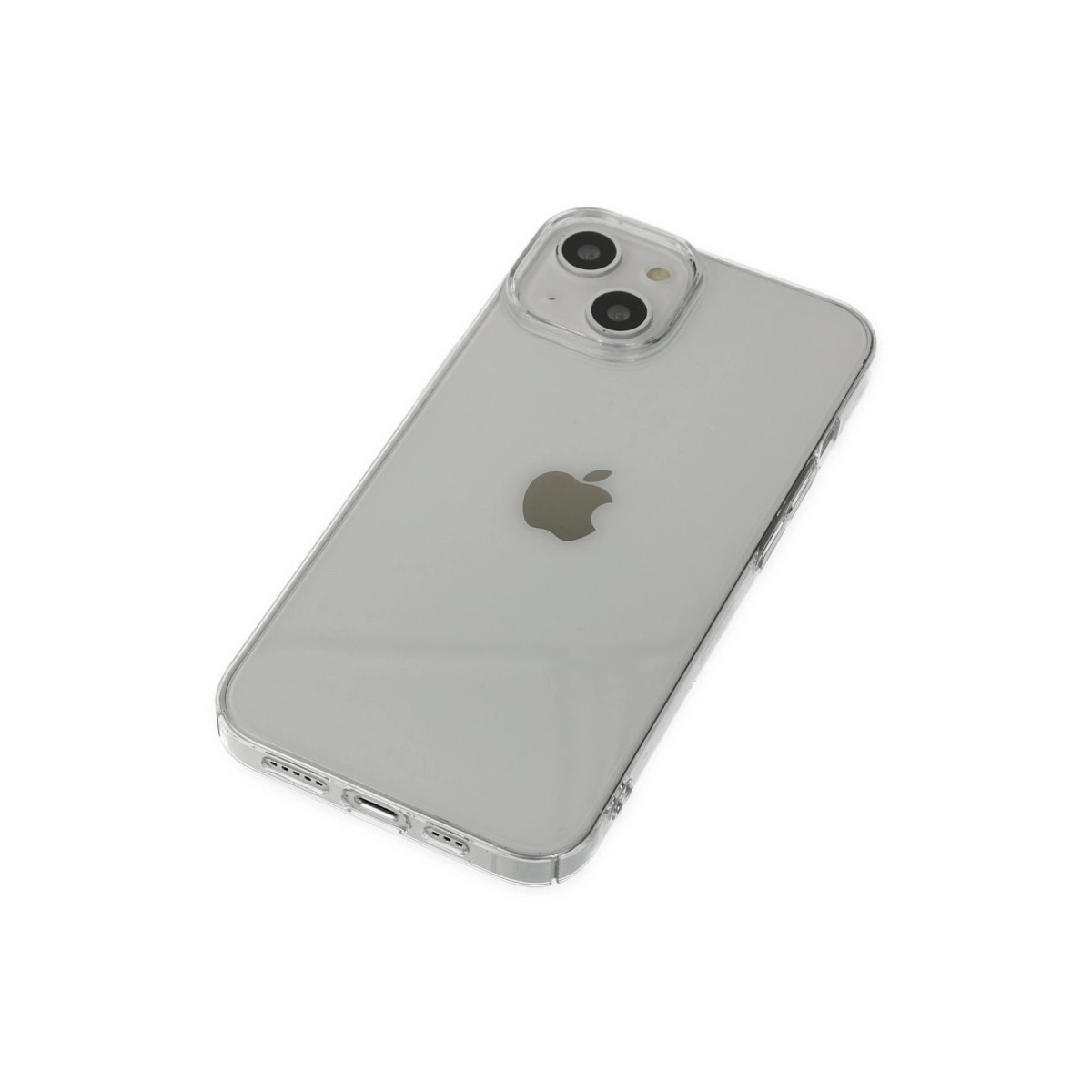 Apple logosu ve iki kamerası olan şeffaf telefon kılıfı.