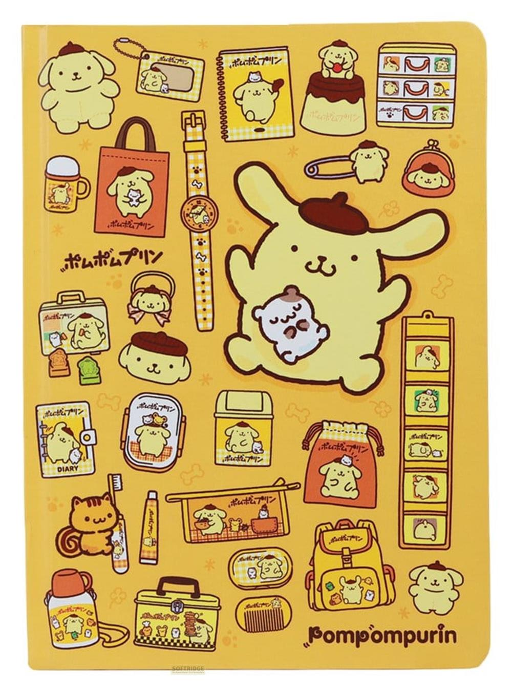 Gelber Hintergrund mit vielen Pompompurin-Illustrationen, darunter eine große Figur.
