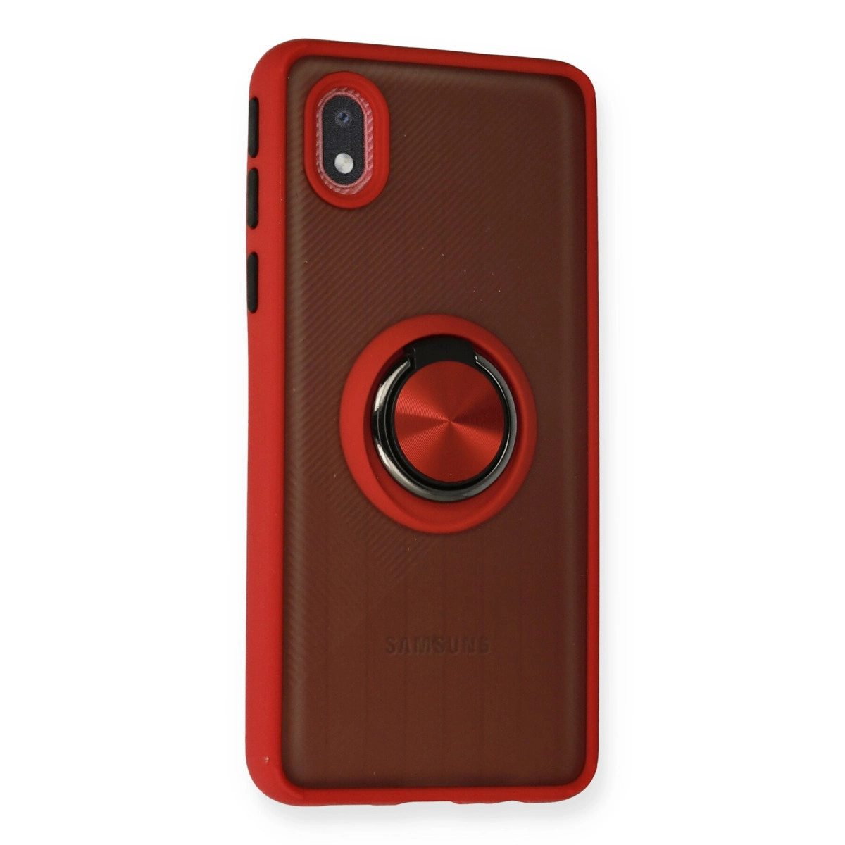 Kırmızı telefon kılıfı, kahverengi arka yüzü, halka tutucusu ve Samsung logosu.
