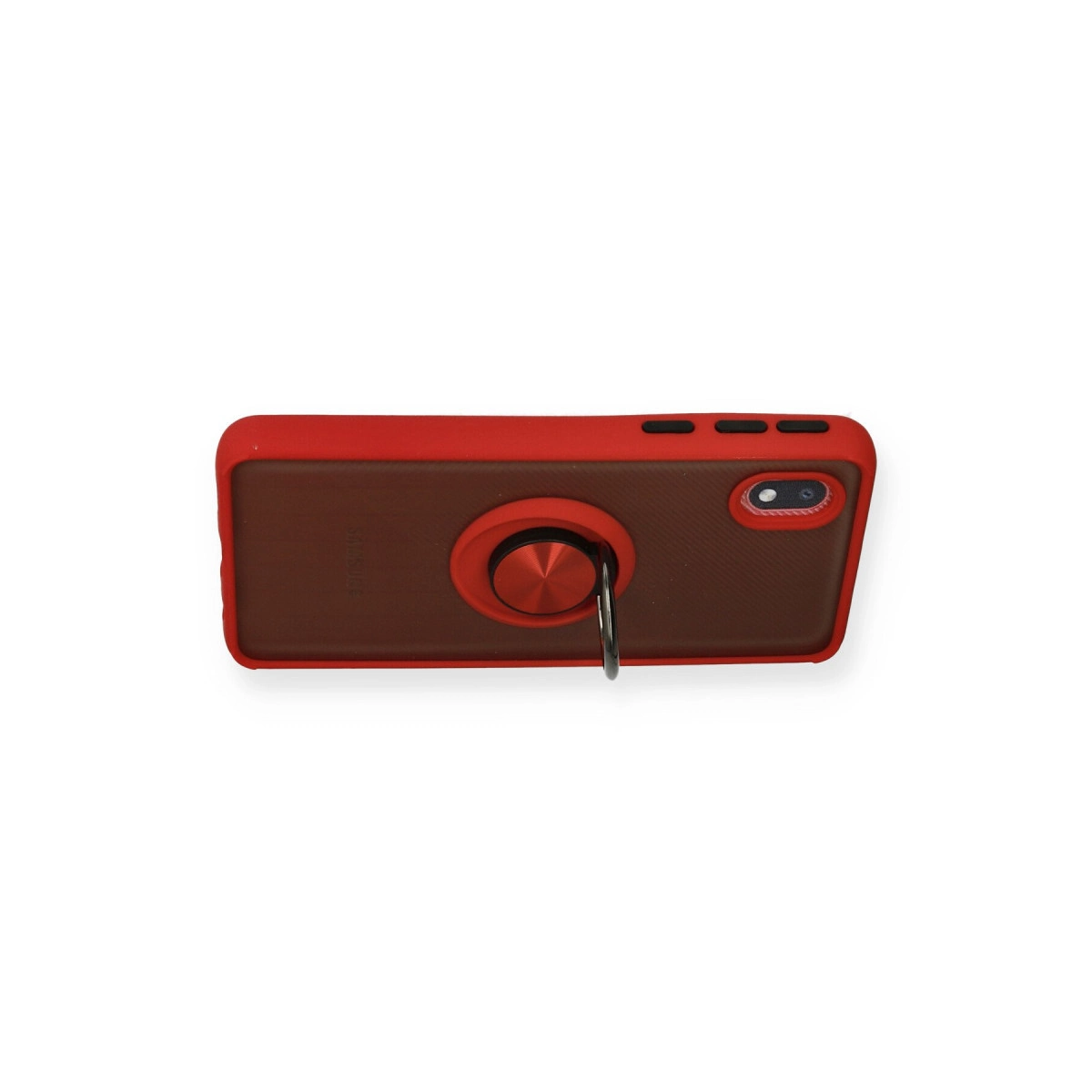 Kırmızı telefon kılıfı, kahverengi arka yüzü ve pembe altın halka tutucusu.