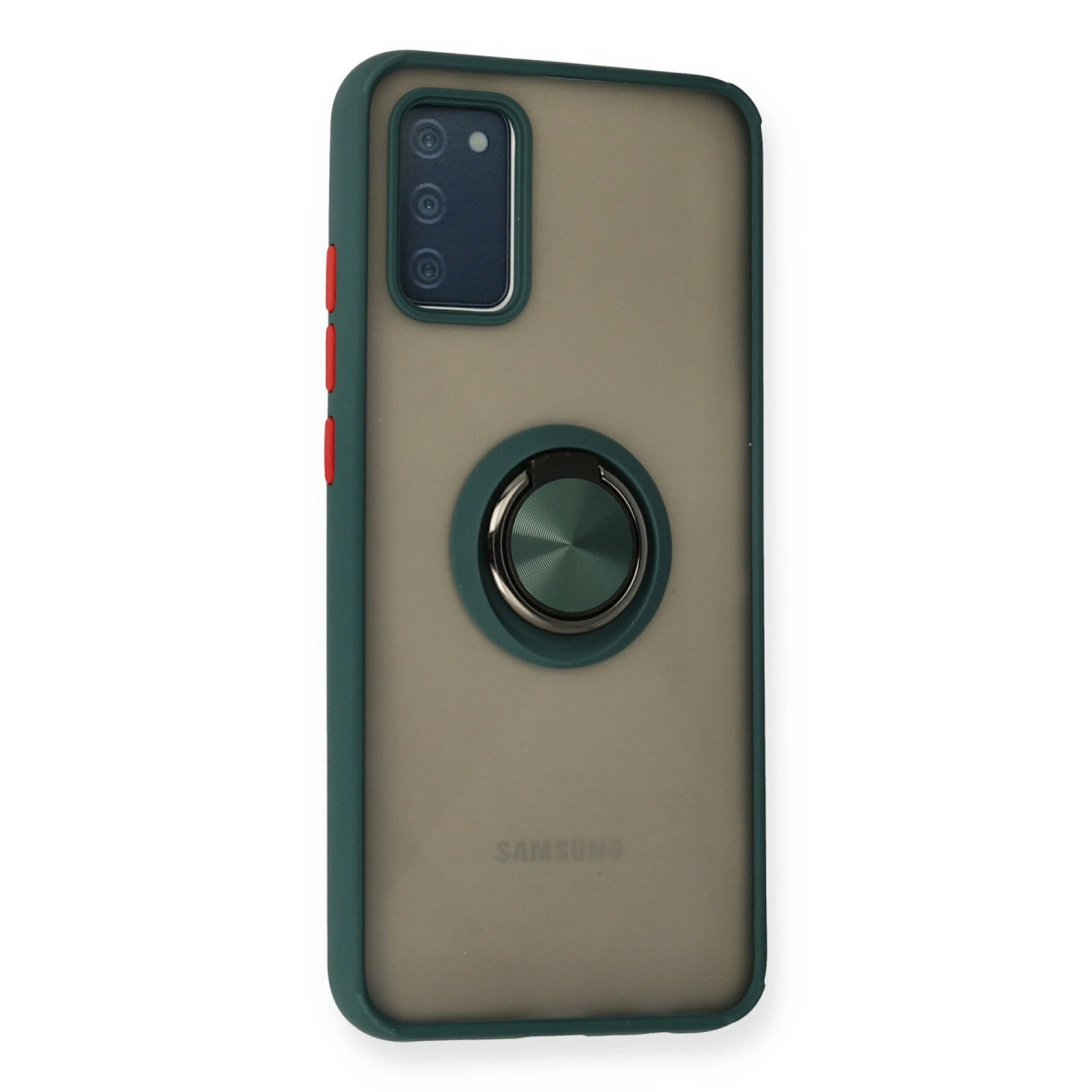 Halka tutuculu koyu yeşil telefon kılıfı, üç kırmızı düğme ve Samsung logosu.