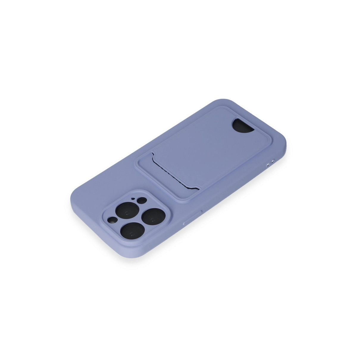 Kamera oyuntulu ve kart yuvalı mor telefon kılıfı.