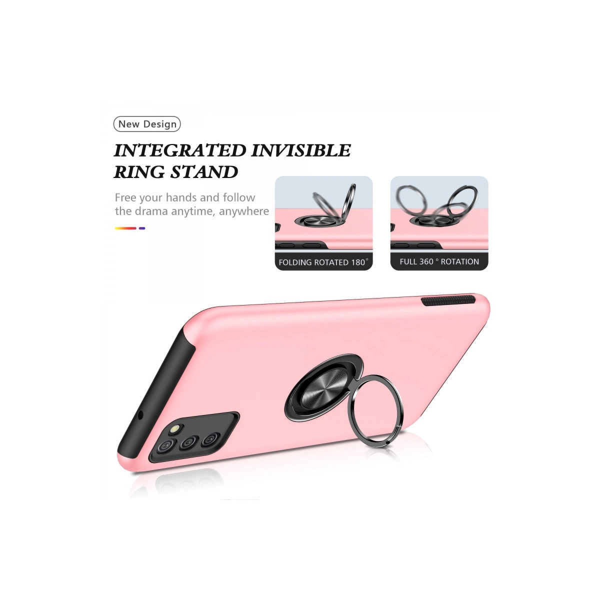 Entegre edilmiş gümüş halkalı stantlı pembe telefon kılıfı, 180° katlanabilir.