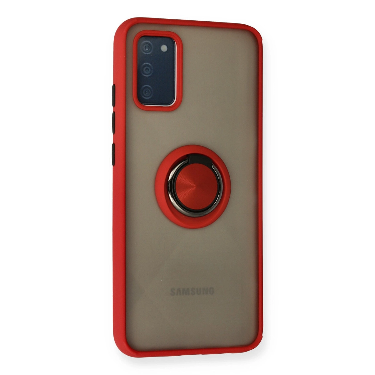 Samsung logolu ve halka tutuculu kırmızı telefon kılıfı.
