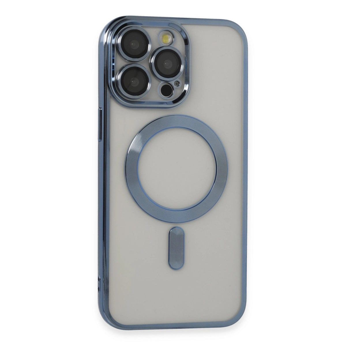 Mavi kenarlıklı ve kamera modüllü şeffaf telefon kılıfı.
