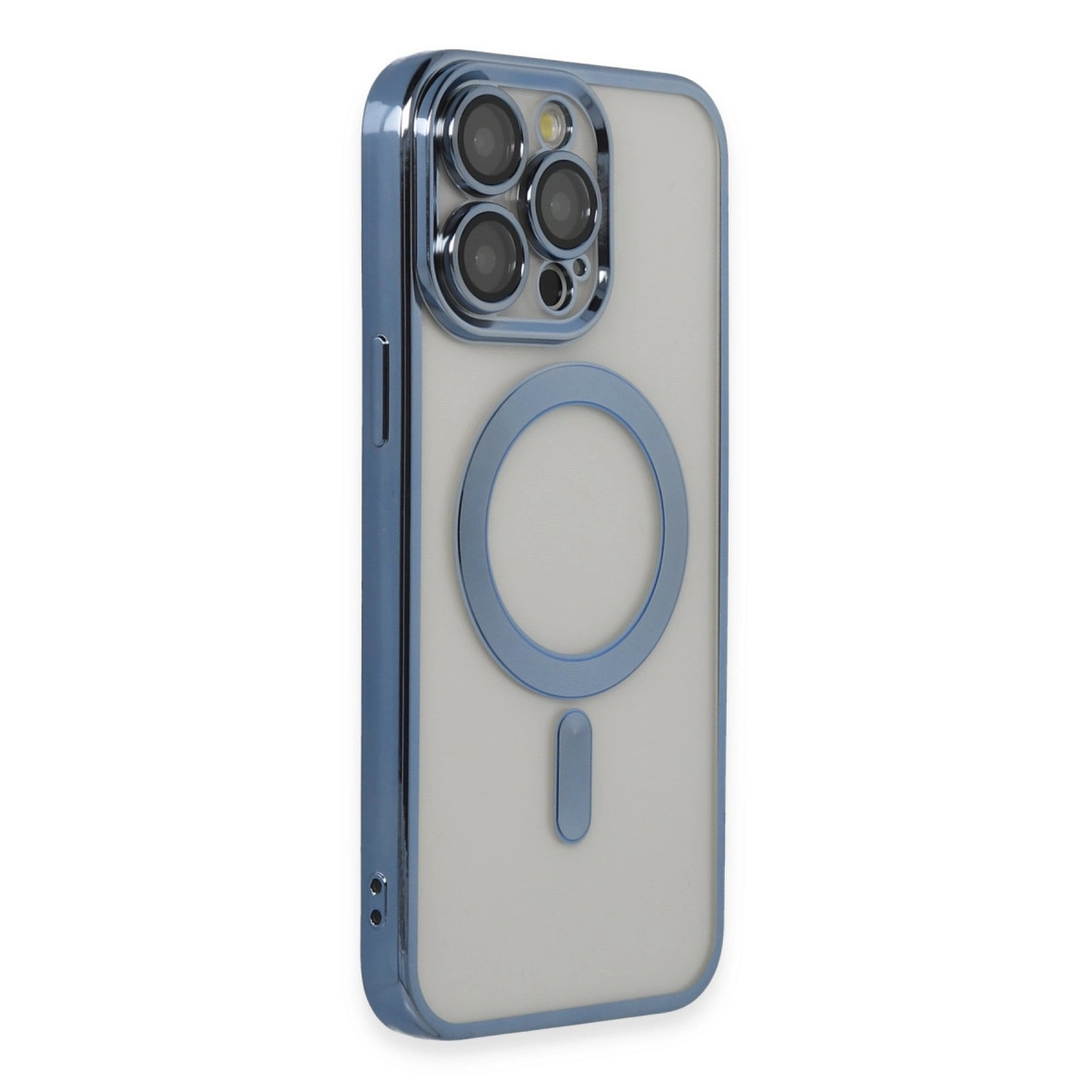 Mavi kenarlı, dört kameralı ve manyetik halkalı iPhone kılıfı.