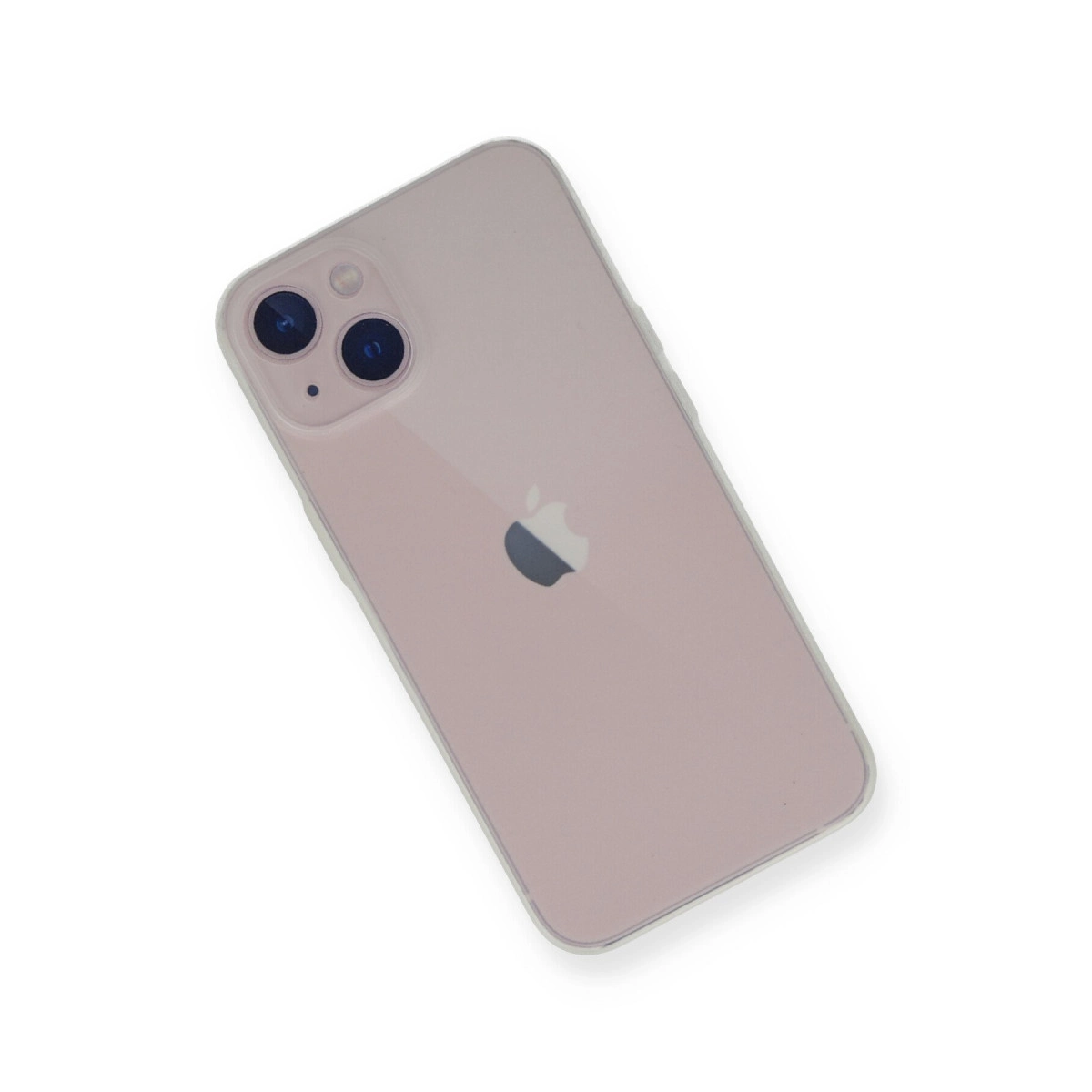 Beyaz arka plan üzerinde iki kameralı ve elma logolu pembe iPhone.