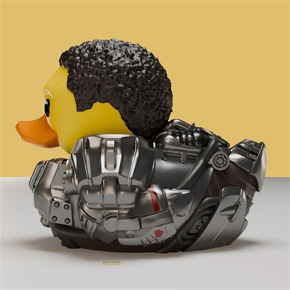Gelber Gummi-Ente mit schwarzem Afro und silberner Rüstung.