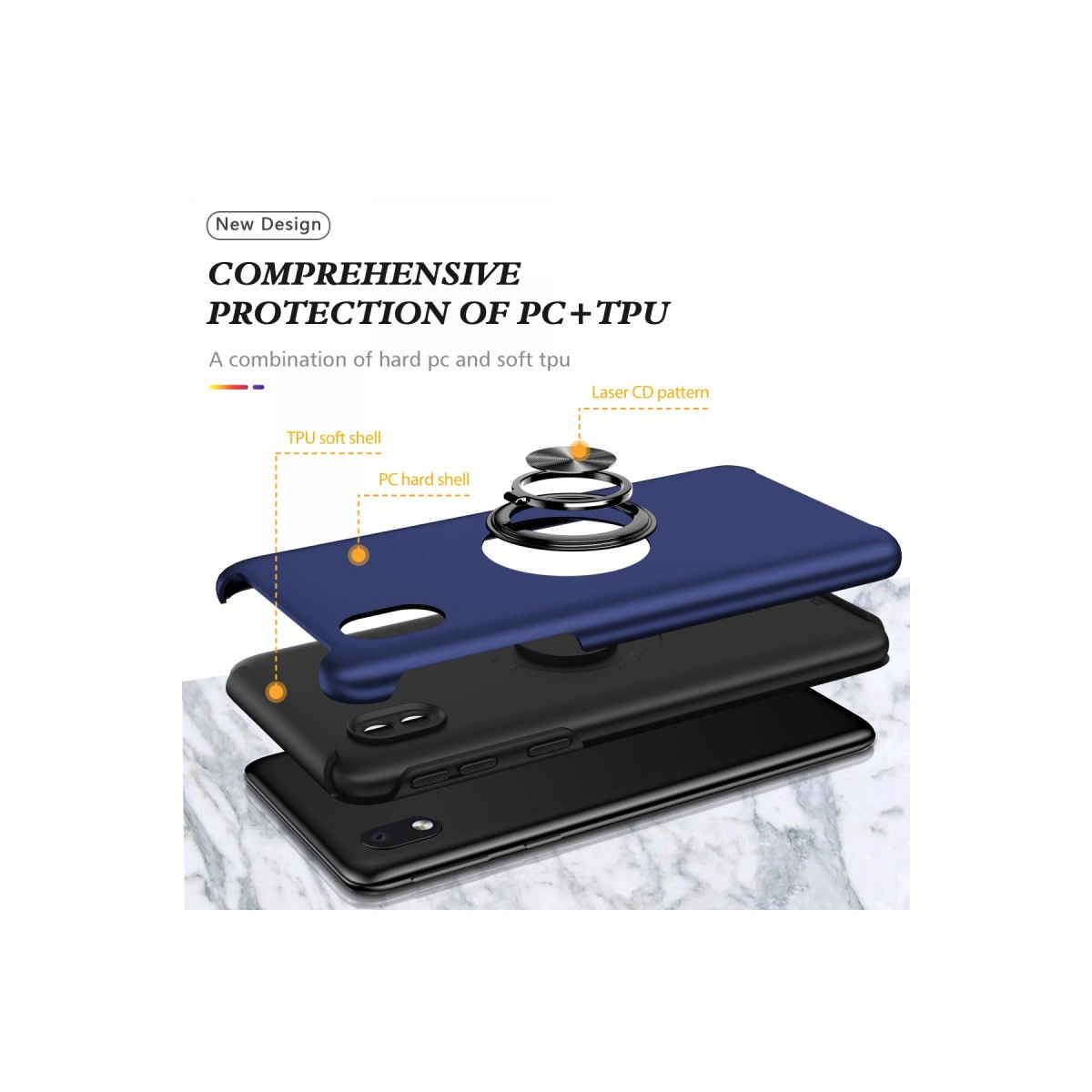 Lazer CD desenli PC+TPU telefon kılıfının patlatılmış görünümü.