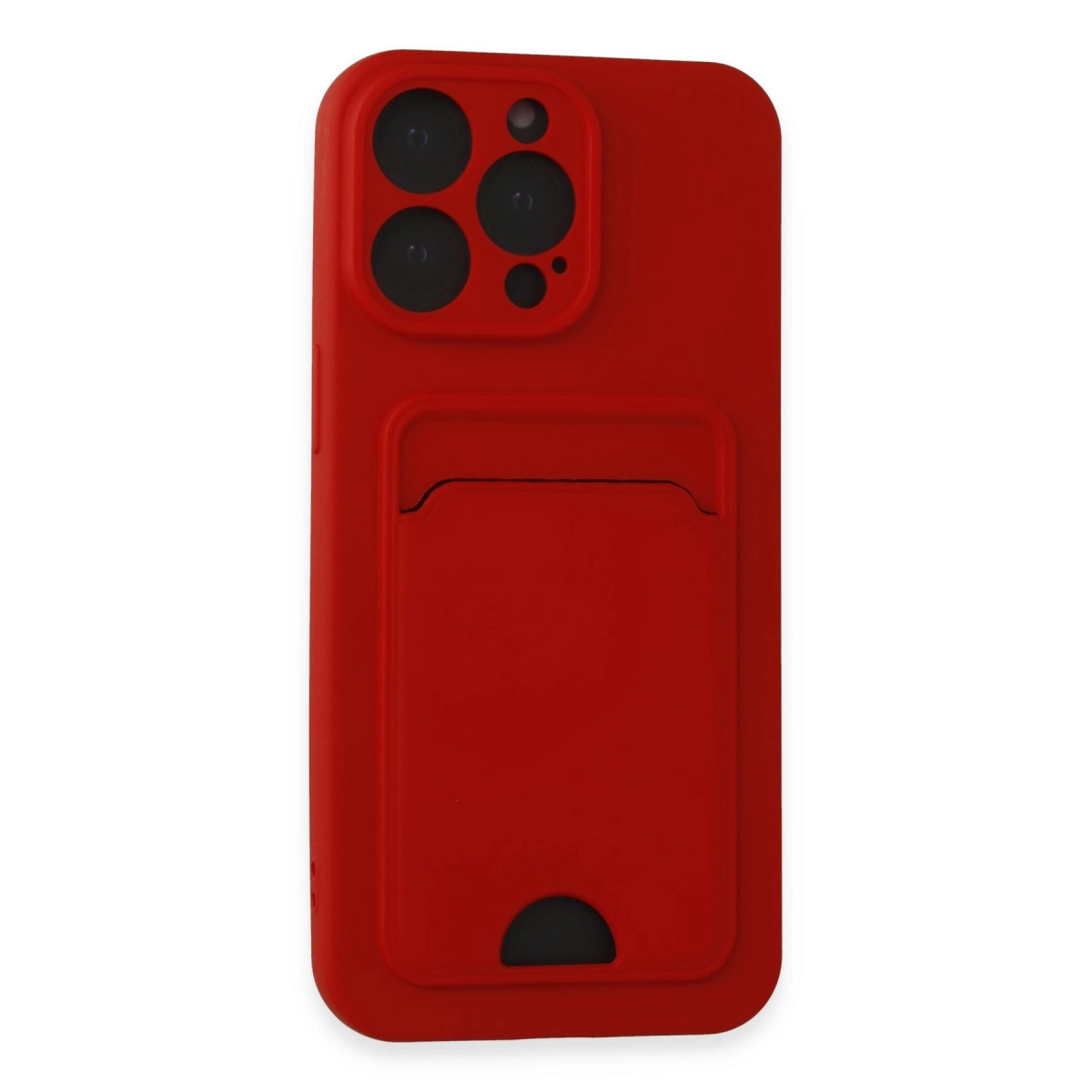 Kamera alanlı ve kart yuvalı kırmızı telefon kılıfı.
