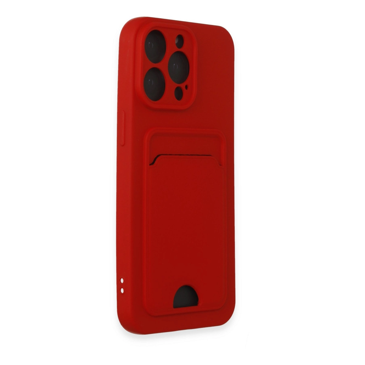Kart yuvalı ve kamera kesimli kırmızı telefon kılıfı.