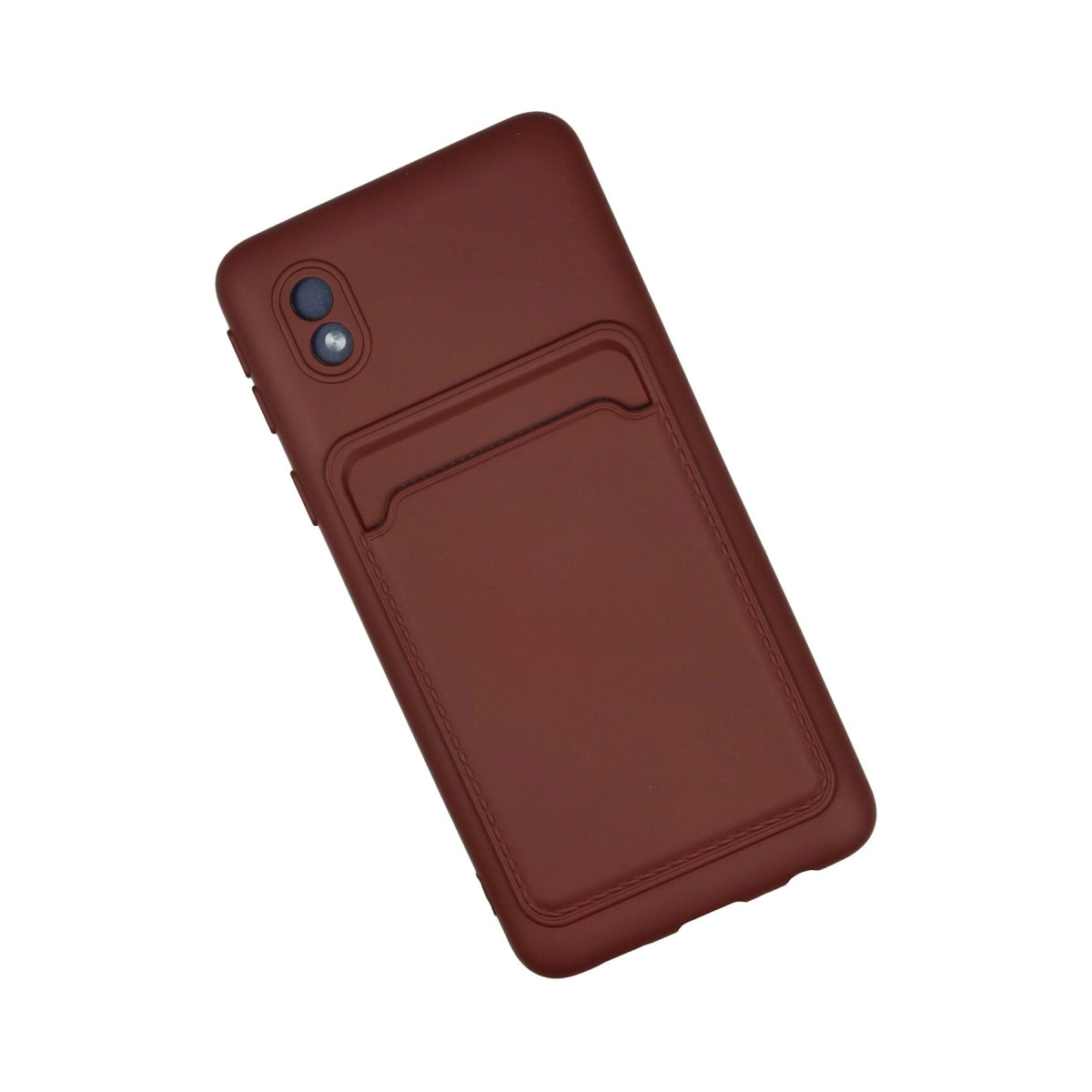 Kart yuvalı kahverengi telefon kılıfı, beyaz arka plan üzerinde.