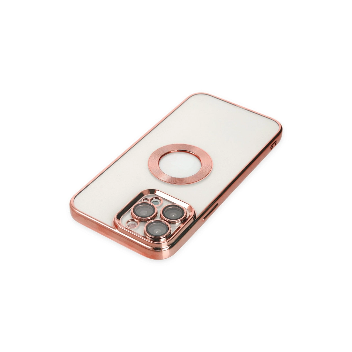 Rose altın kenarlı ve kamera vurgulu beyaz telefon kılıfı.