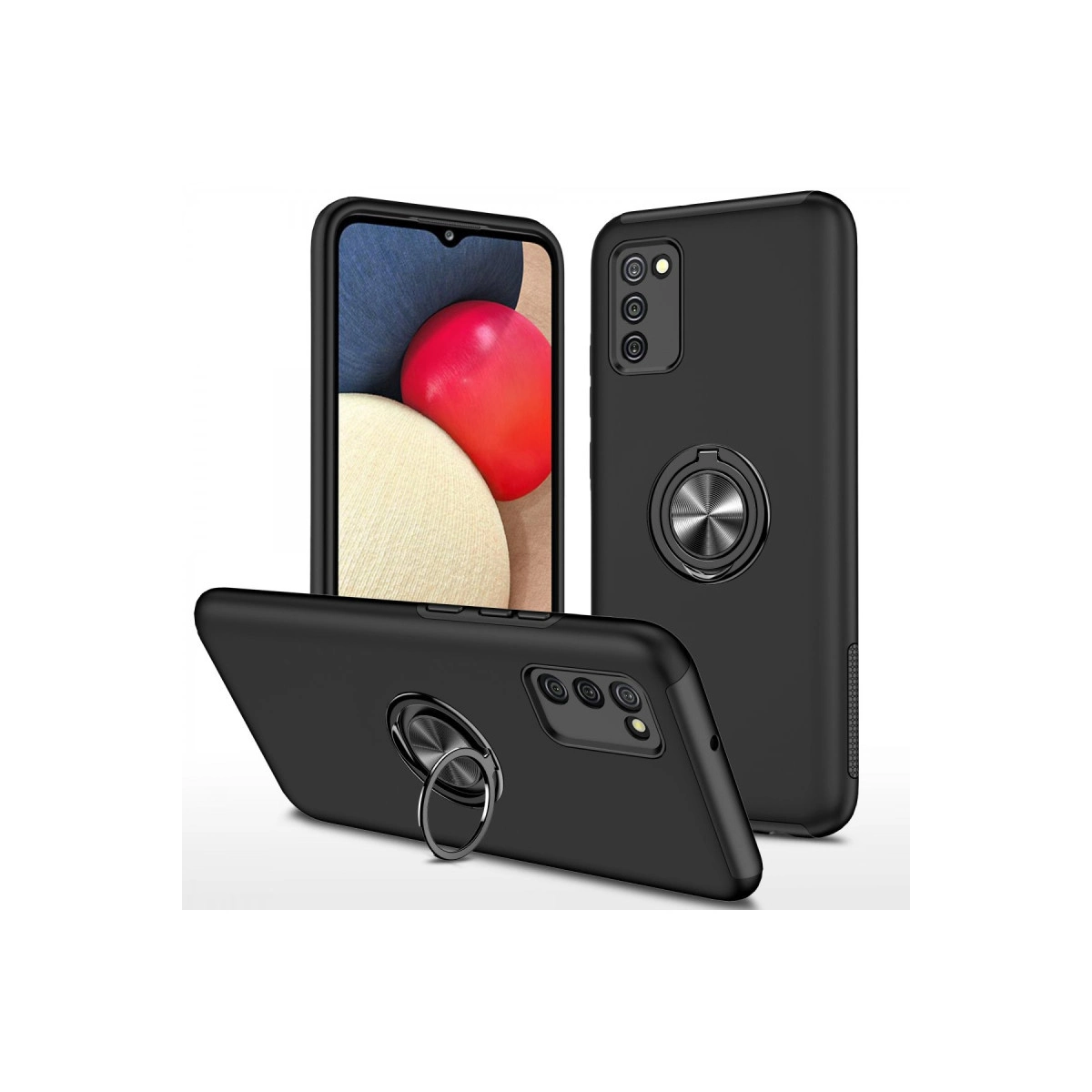 Beyaz zeminde halka tutuculu üç siyah telefon kılıfı.