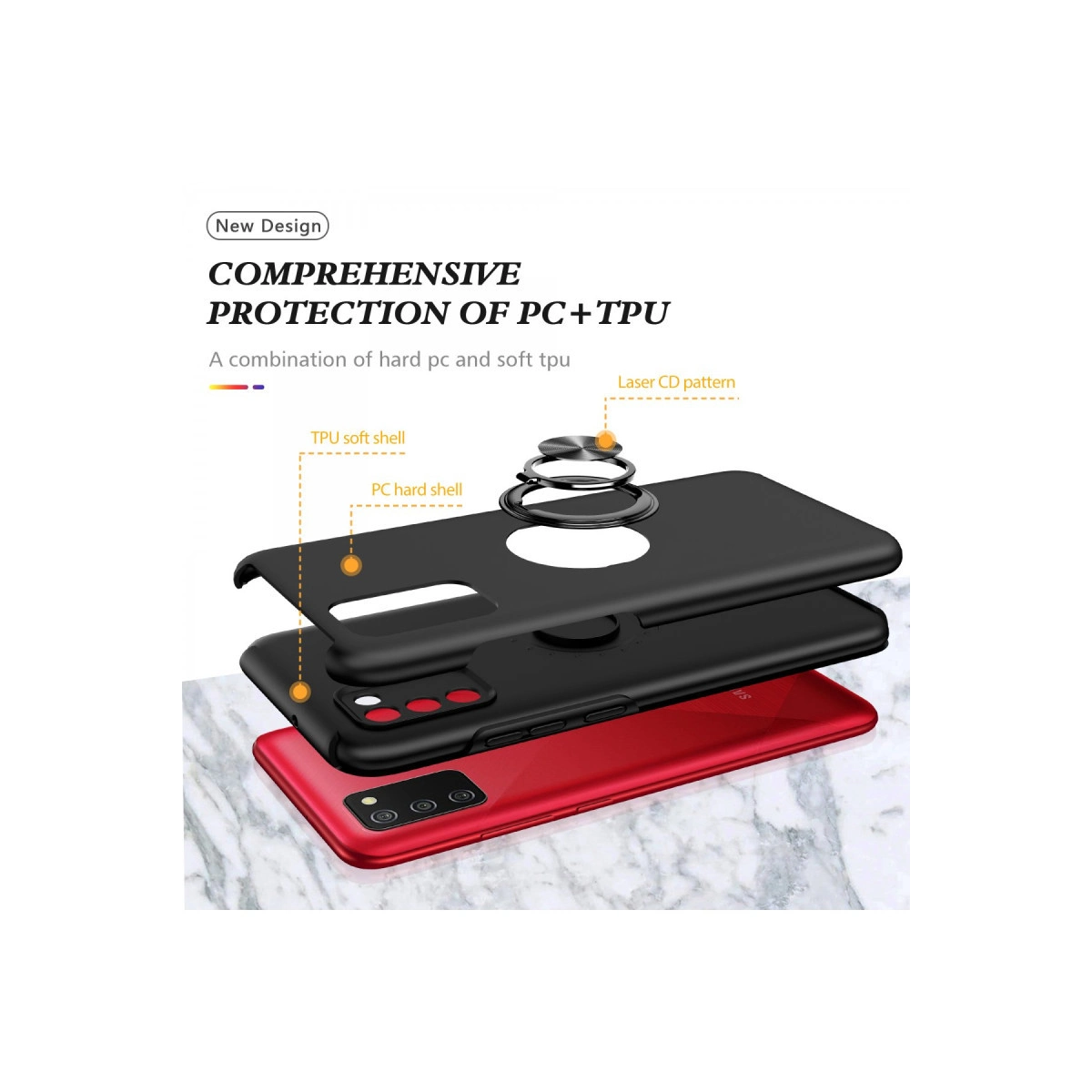 Kırmızı telefonlu siyah telefon kılıfı seti, halkalı PC+TPU koruması gösteriliyor.