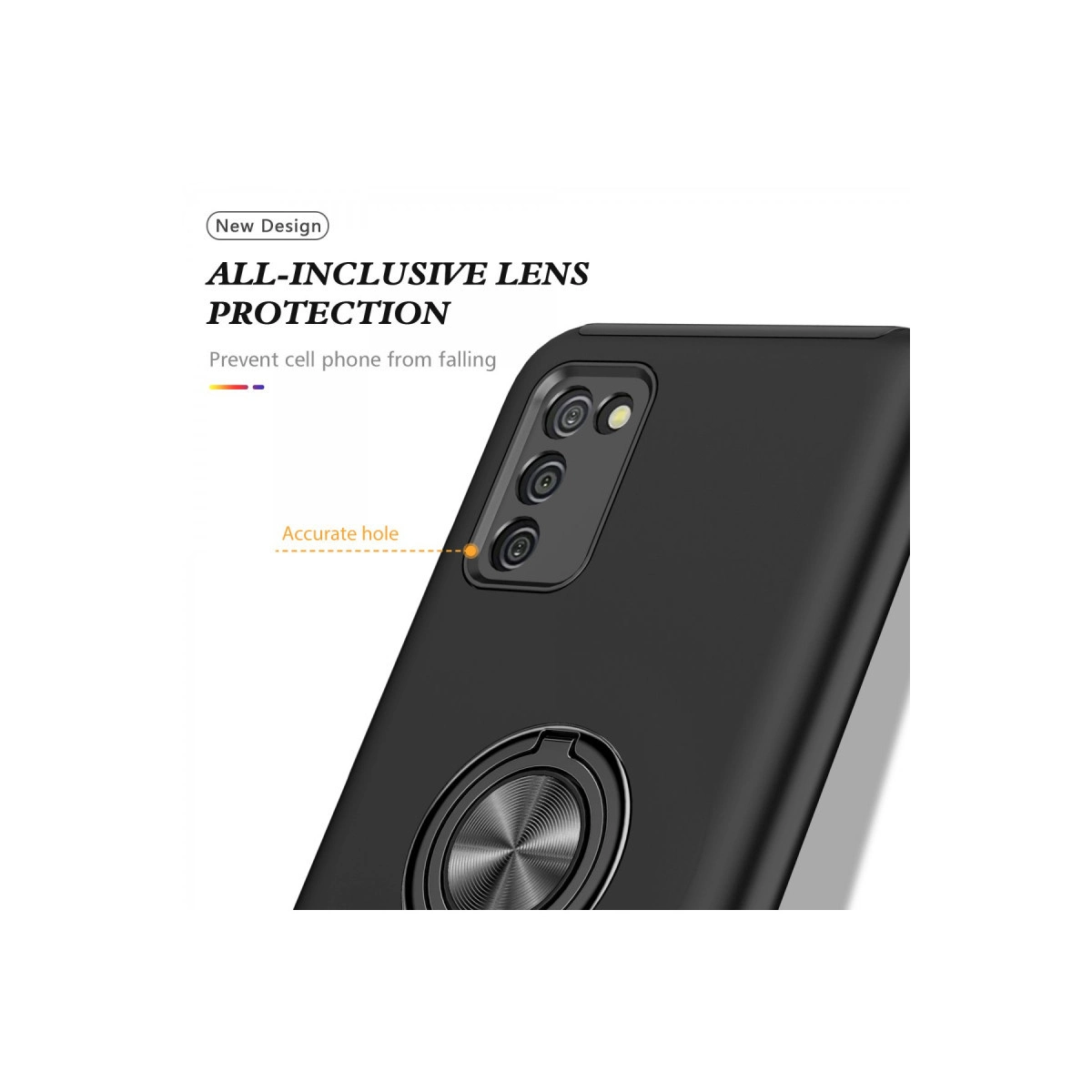 Kamera lens korumalı ve halka tutuculu siyah telefon kılıfı.