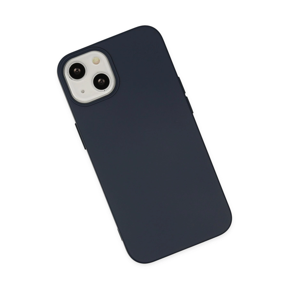 Beyaz arka plan üzerinde iki kamera lensli lacivert telefon kılıfı.