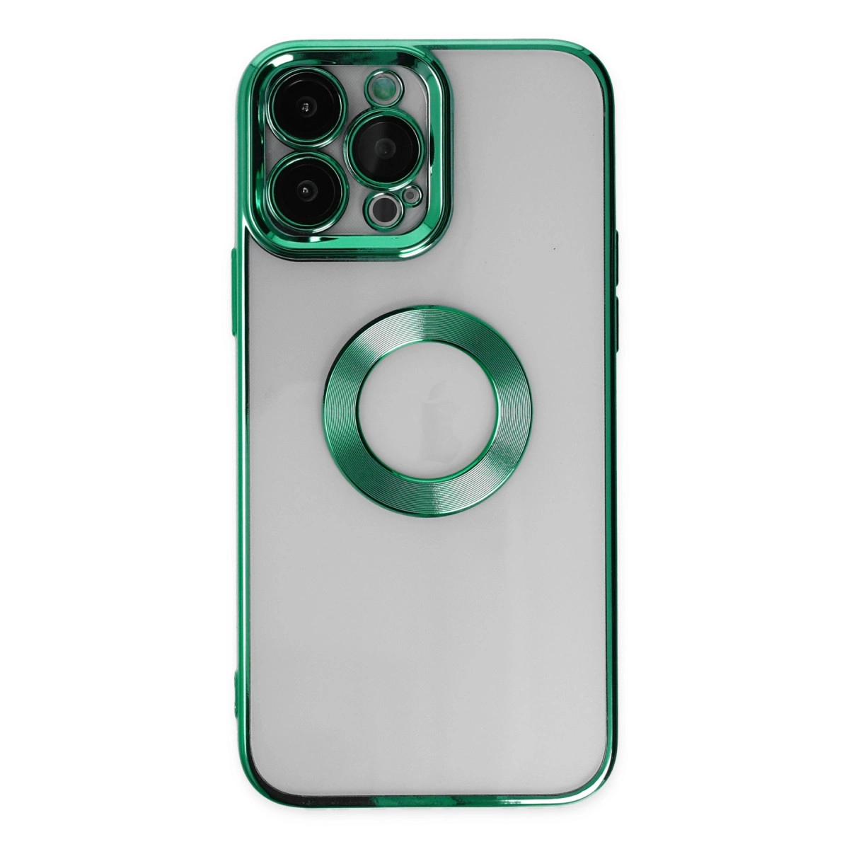 Yeşil kenarlıklı ve lensli şeffaf telefon kılıfı.