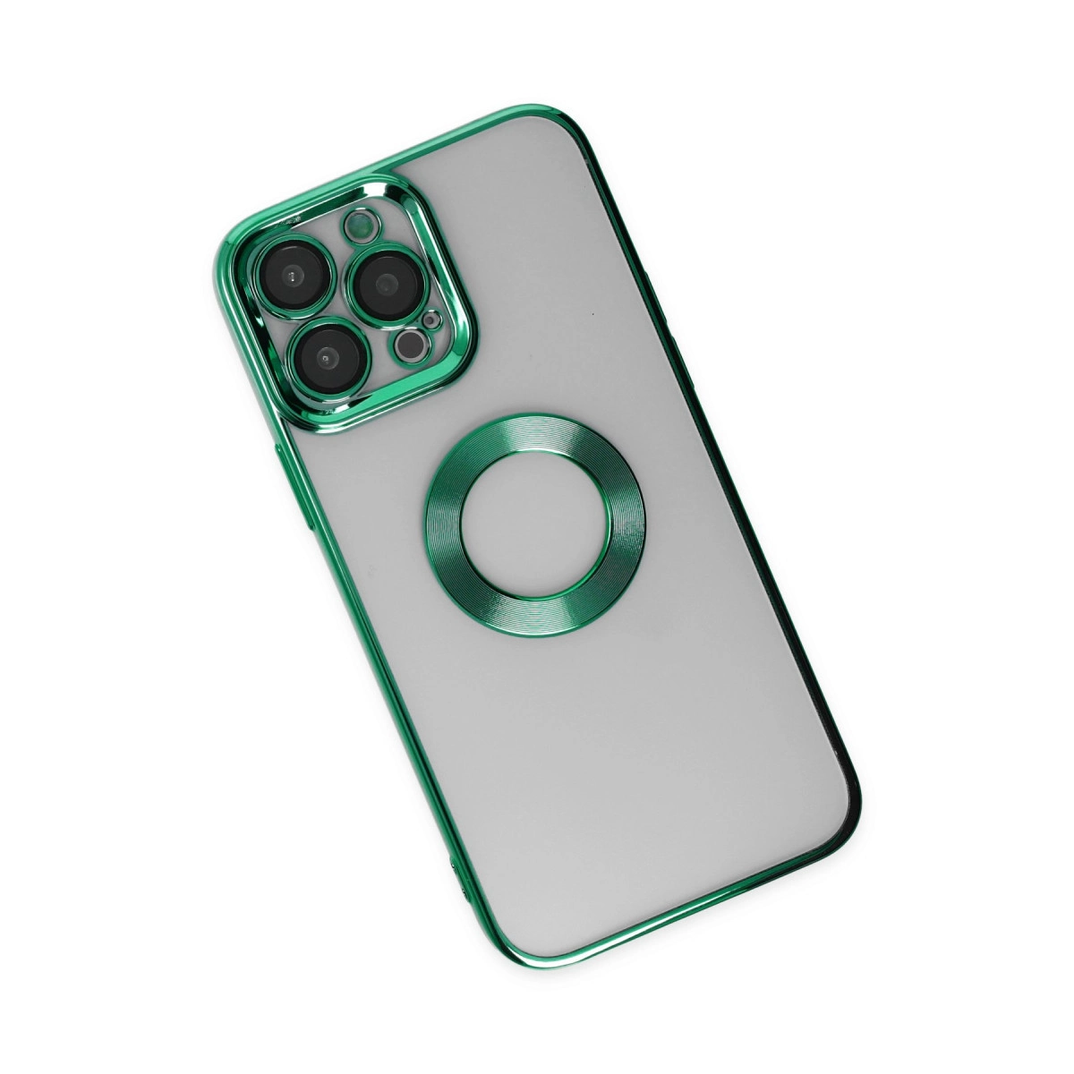 Yeşil kenarlı ve kamera çerçeveli şeffaf telefon kılıfı.
