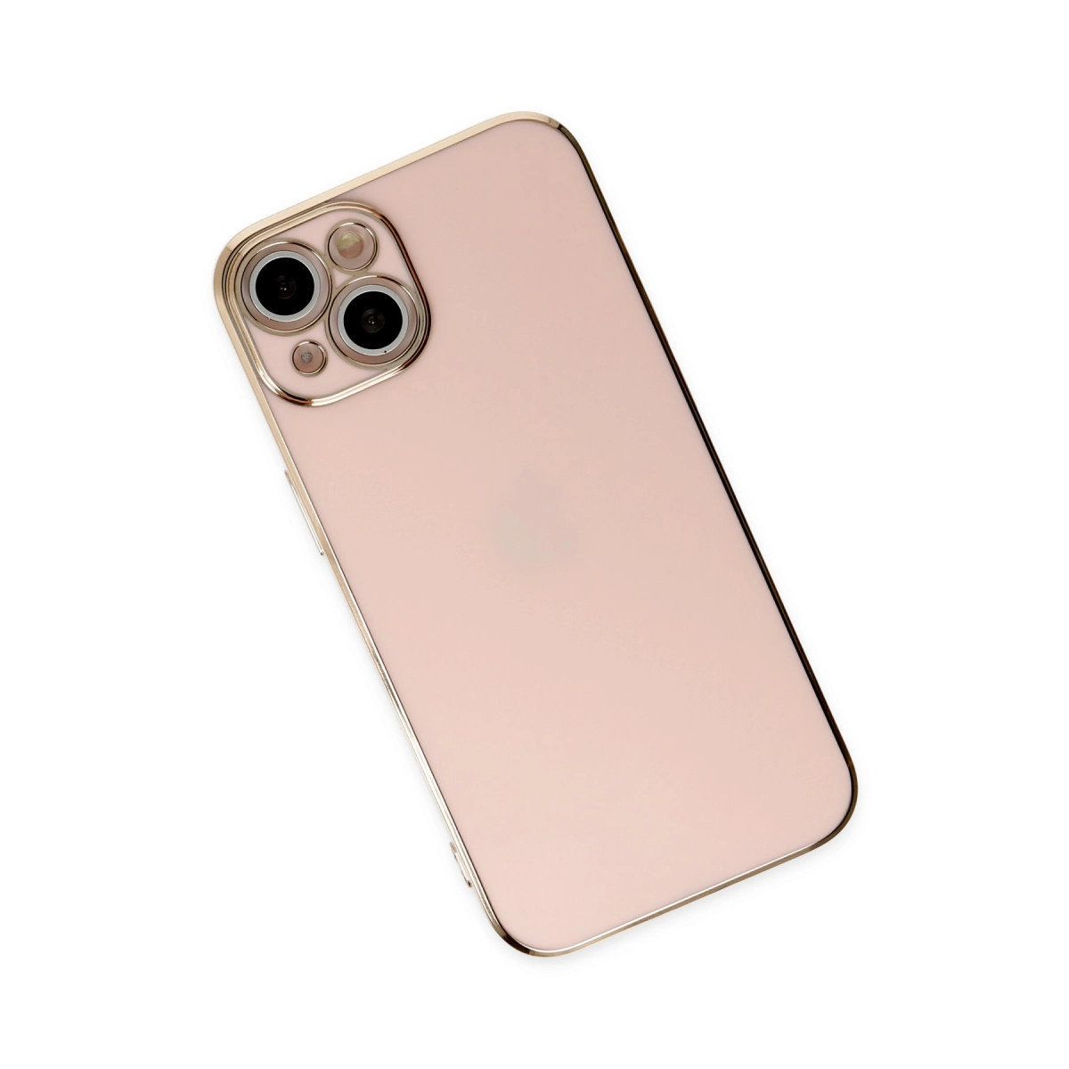 Altın kenarlı, arkasında üç kamera bulunan pembe bir akıllı telefon.