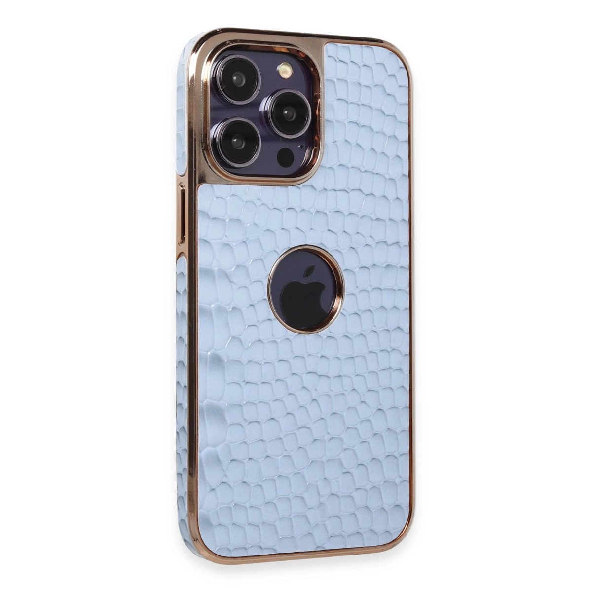 Açık mavi iPhone kılıfı, yılan derisi dokulu ve altın çerçeveli.