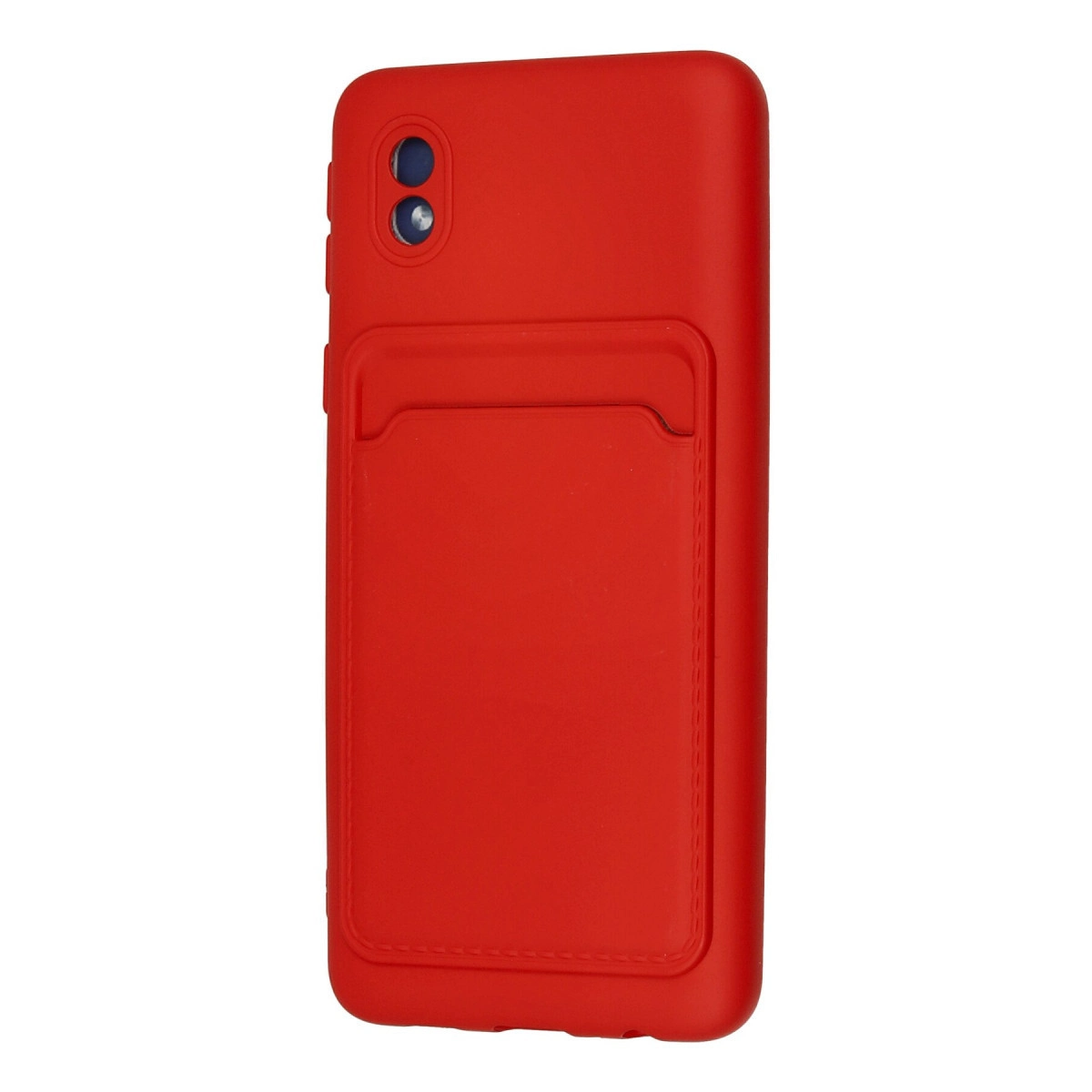 Arkada kart yuvası ve üstte iki kamera lensi bulunan kırmızı telefon kılıfı.