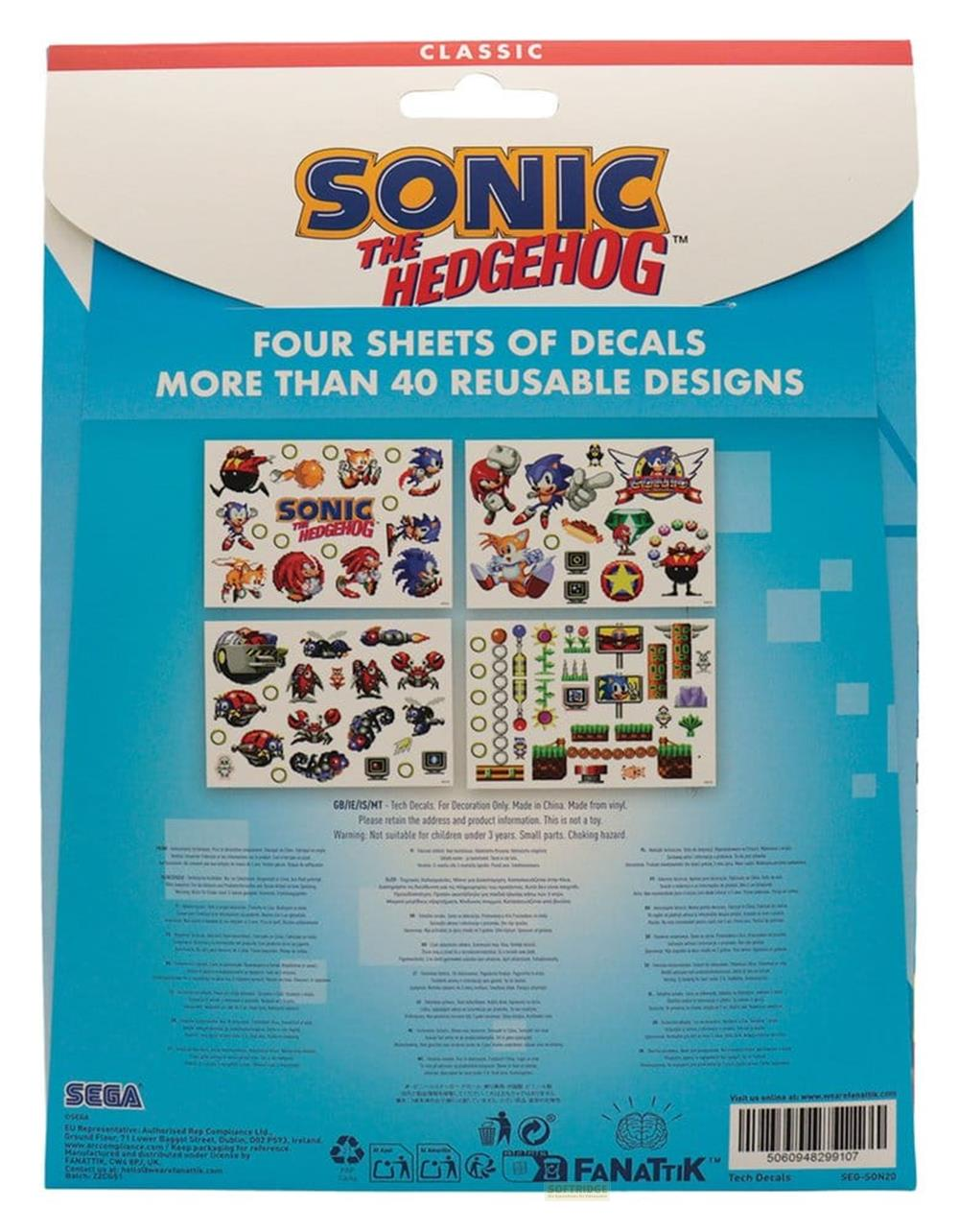 Verpackung für Sonic the Hedgehog-Aufkleber mit vier Bögen und über 40 Designs.