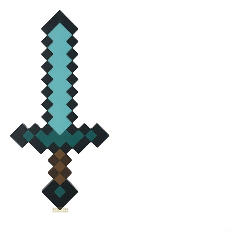 Ein pixeliger, türkisfarbener Diamantschwert-Spielzeug mit braunem Griff.