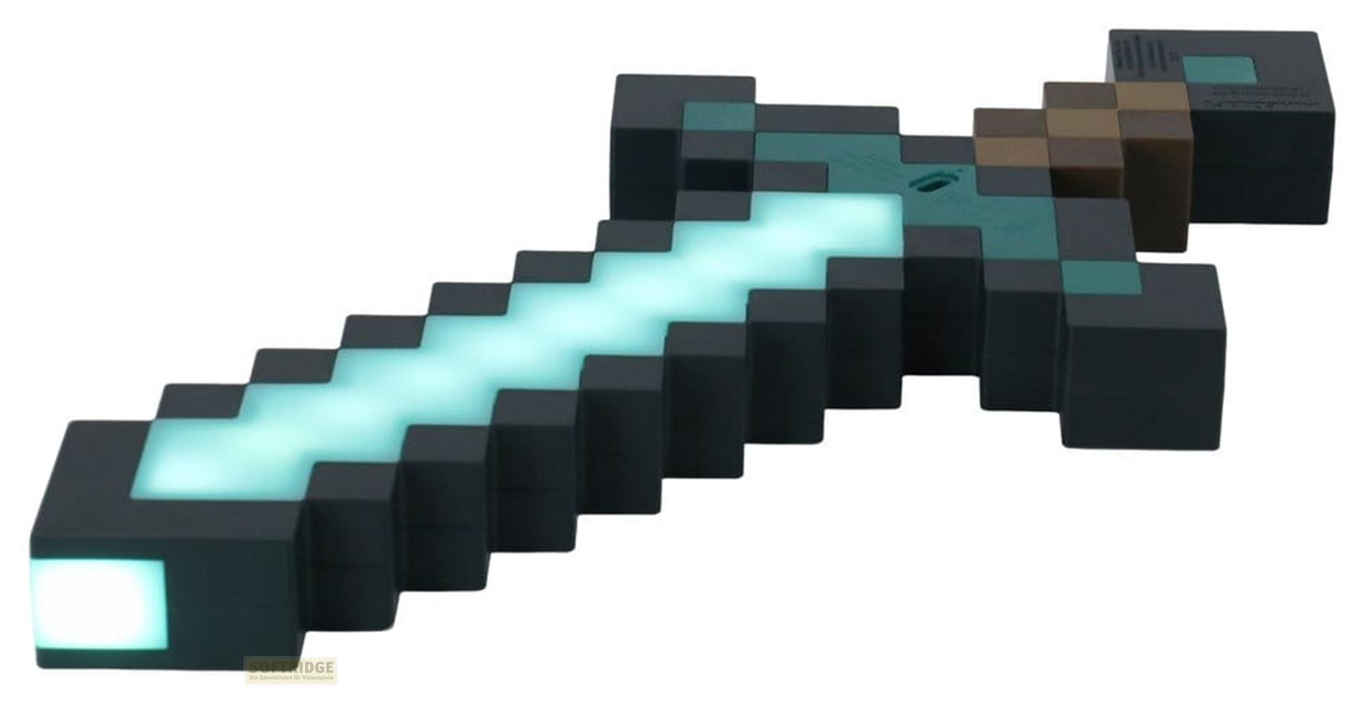 Pixelige blaue und braune Lichtschwert-Lampe mit weißen und grünen Akzenten.
