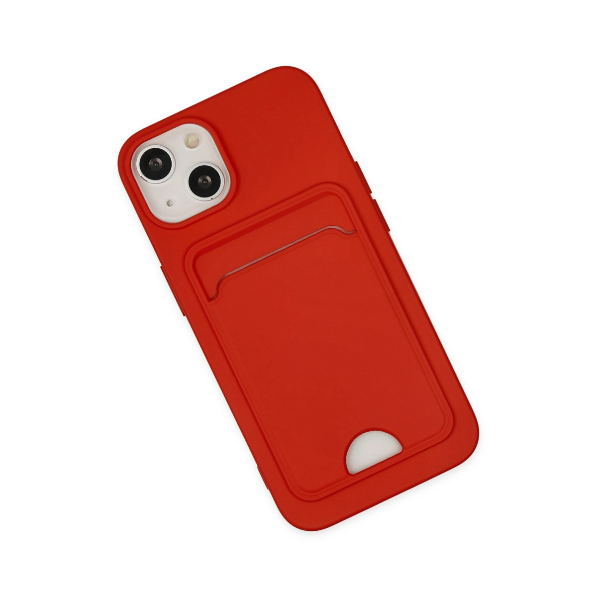 Kamera kesimli kart yuvalı kırmızı telefon kılıfı.