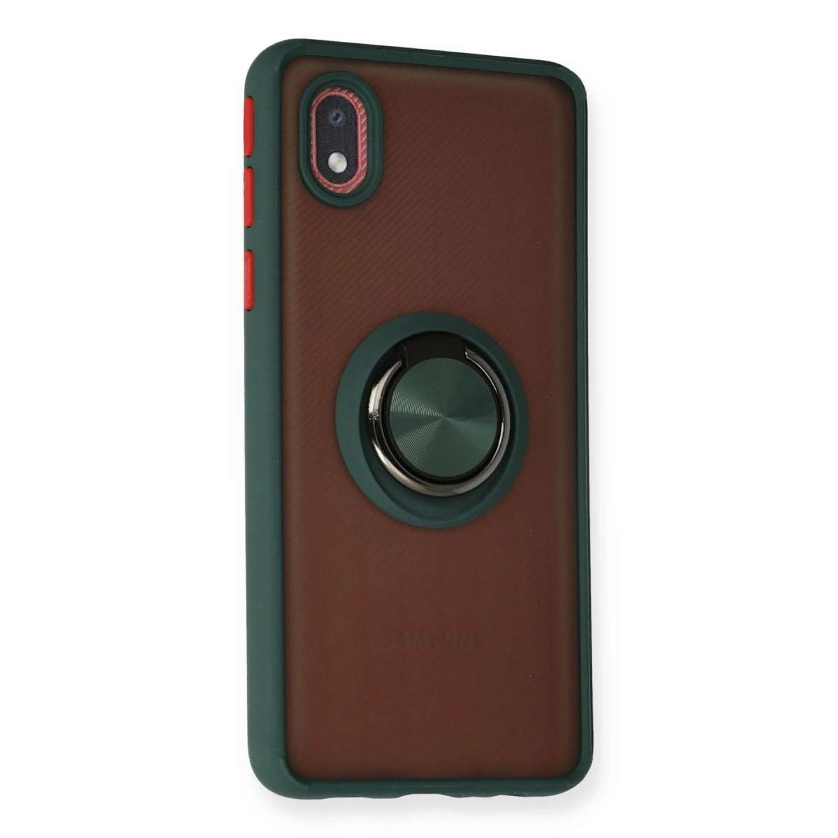 Koyu halkalı kahverengi telefon kılıfının arka yüzü ve kamera açıklığı.