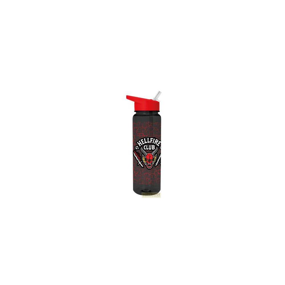 Schwarze Trinkflasche mit rotem Deckel und Strohhalm, mit Hellfire Club-Logo.
