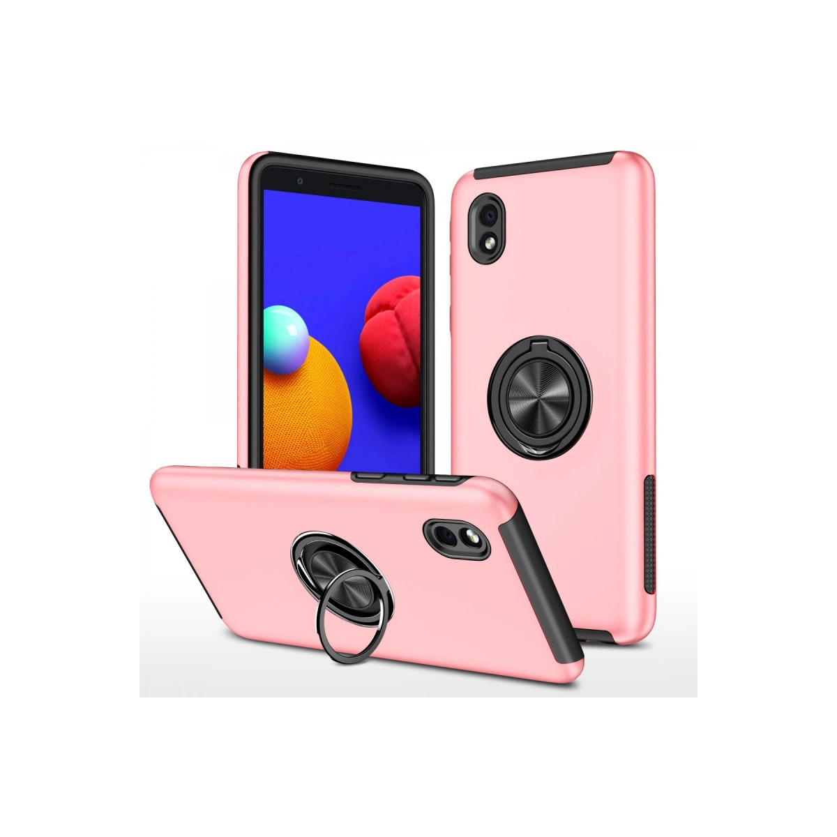 Beyaz arka plan üzerinde halka tutuculu üç pembe telefon kılıfı.