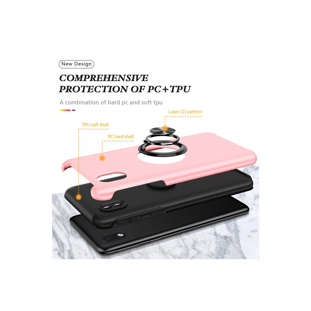 Katmanlı telefon kılıfı: pembe TPU dış kabuk, siyah PC sert kabuğun üzerinde.