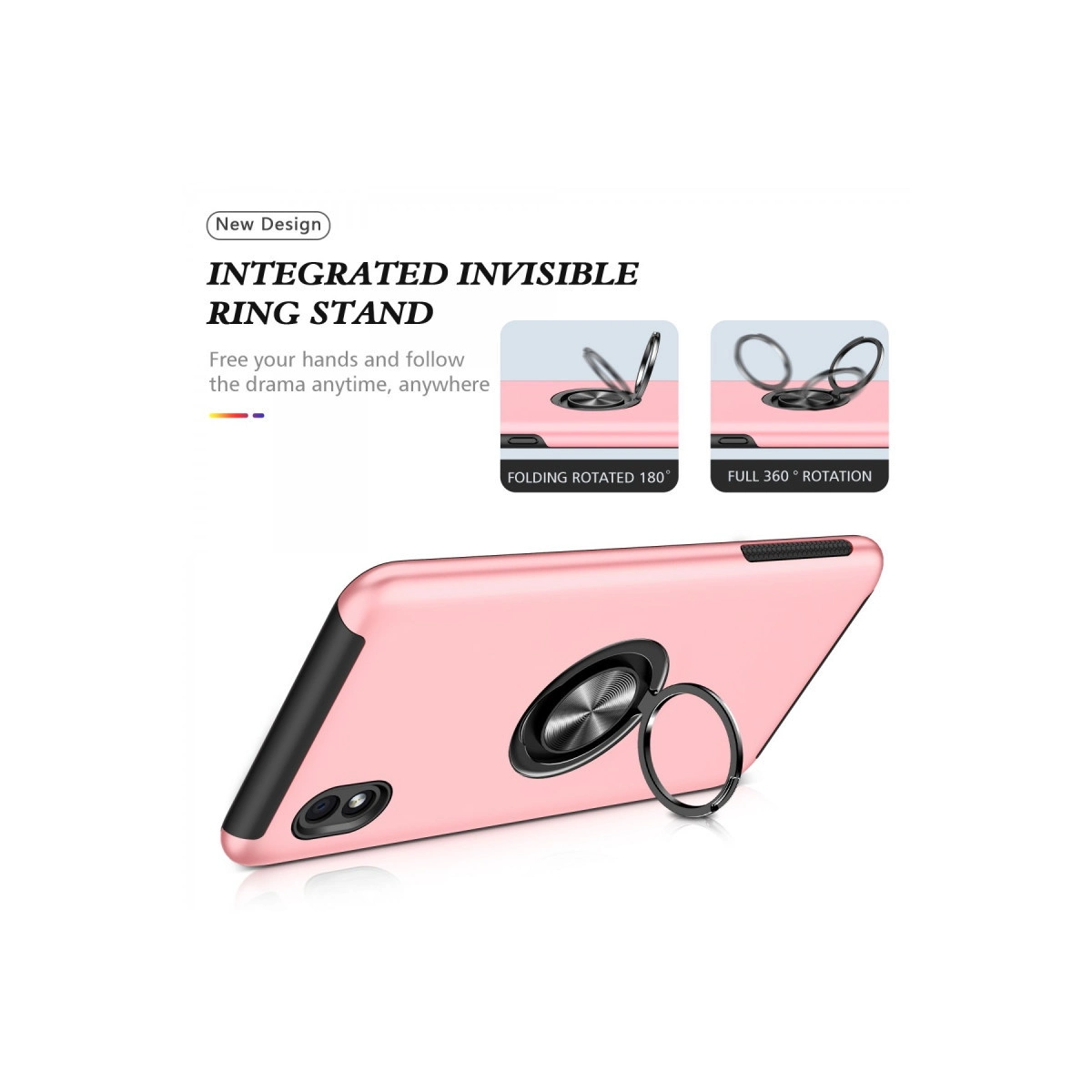 Entegre halkalı stantlı pembe telefon kılıfı, 180° ve 360° döndürme.