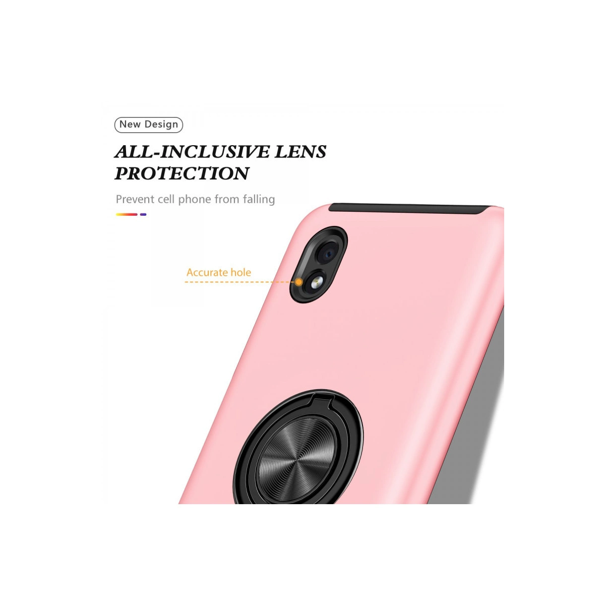 Pembe telefon kılıfı, kamera deliği ve halka tutuculu.
