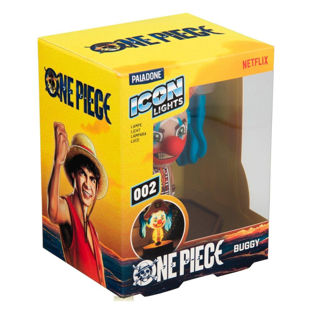 Verpackung für eine One Piece Icon Light Figur von Buggy mit Netflix-Logo.