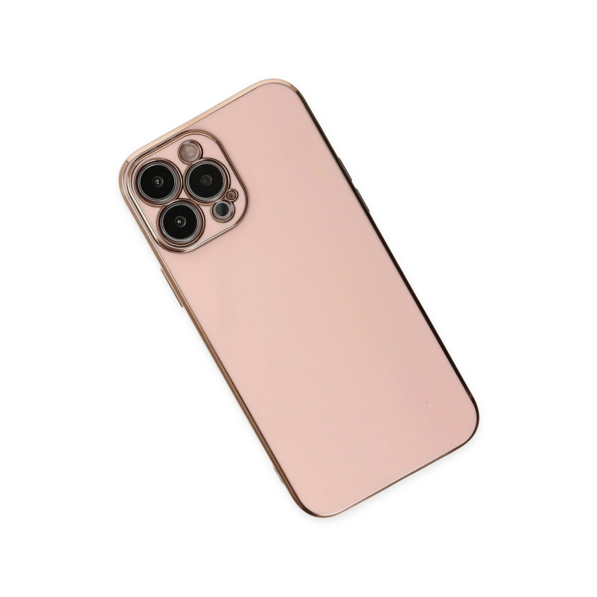 Beyaz arka plan üzerinde üç kameralı, rose gold akıllı telefon.