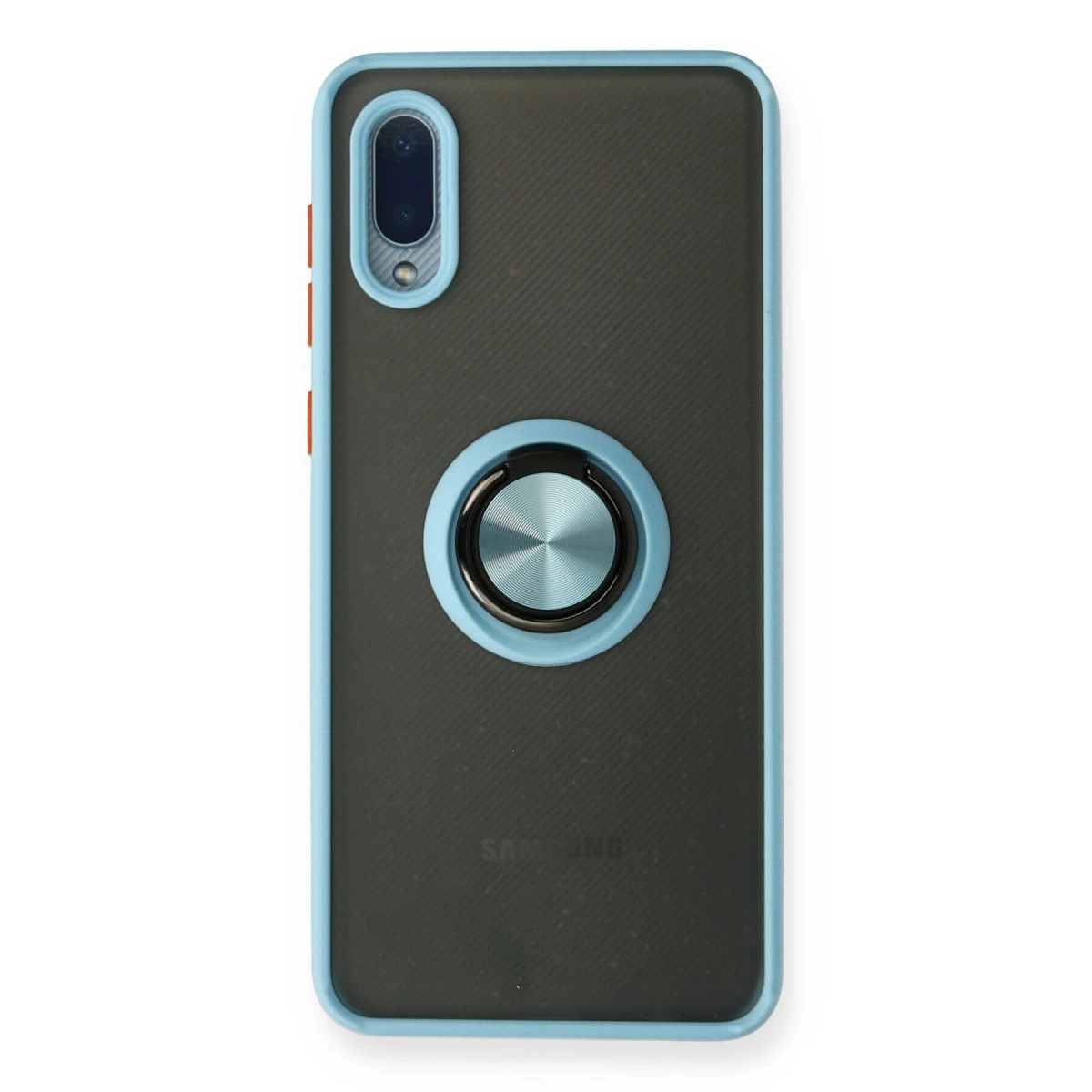 Mavi kenarlı ve halka tutuculu siyah telefon kılıfı.